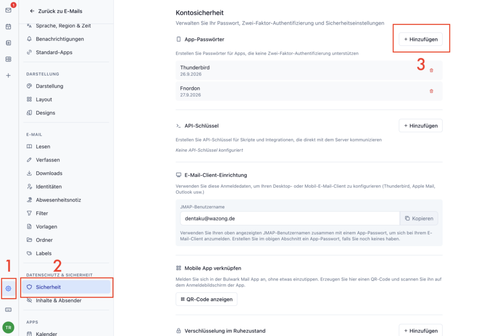 Screenshot der Maileinstellungen mit markiertem Klickpfad.