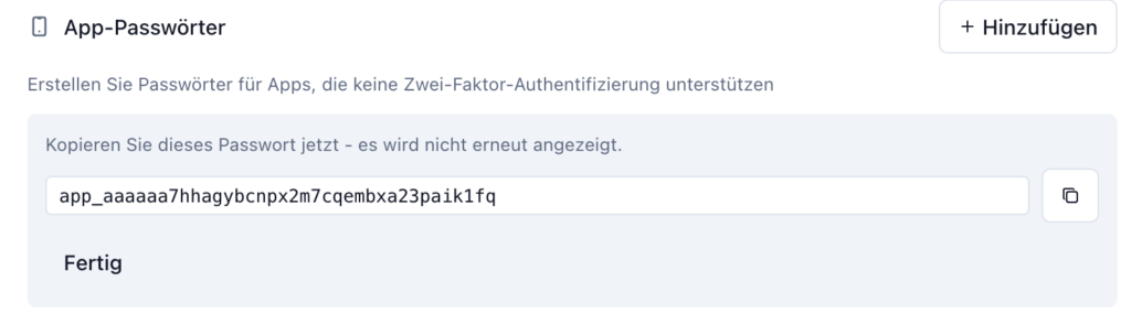 Ein frisch erzeugtes App-Passwort.
